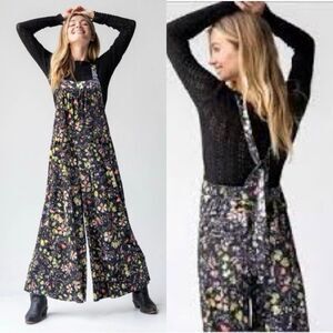Natural Life Velvet Dakota Tie Overalls Jumpsuit Black Floral S Whimsical Boho